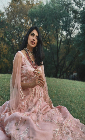 Peach embellished skirt outfit