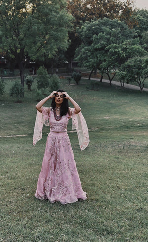 Peach pink embellished skirt set