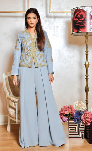 Blue grey organza short jacket fully embroidered with gold work with wide legged palazzos.