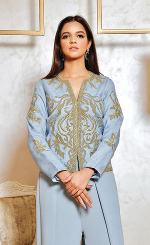 Blue grey organza short jacket fully embroidered with gold work with wide legged palazzos. 