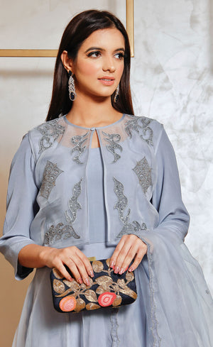 Embroidered with finest details and unique signature silver grey embroidery onto this organza jacket.