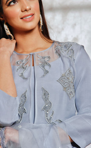 This detail of the foliage embroidery that is signature to Jasmine Bains creations.