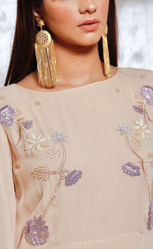 An intricate handcrafted artisanal zardozi embroidery perfectly patterned onto a  cupro bemberg georgette jumpsuit.