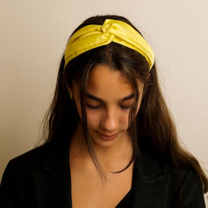 Mulberry Silk Knotted Silk Headband (Lemon-Yellow) + Matching Ruffled Silk Scrunchie + Eye Mask Of Same Colour (Pack Of 3)
