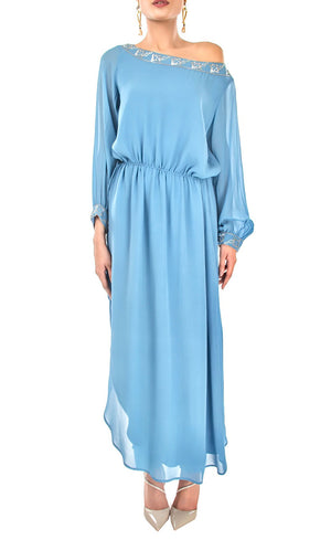 All eyes will be on you in this mykonos blue, exquisitely detailed one off shoulder dress. This dress features an elegant and effortlessly trendy one off shoulder neckline, carefully embroidered with beads and sequins giving a subtle and sophisticated look that exudes glamour. It has full sleeves that are gathered around the cuff, slightly ruched drawstring insertion along the waistline and a high slit at one of it's sides making this dress suitable for any occasion.