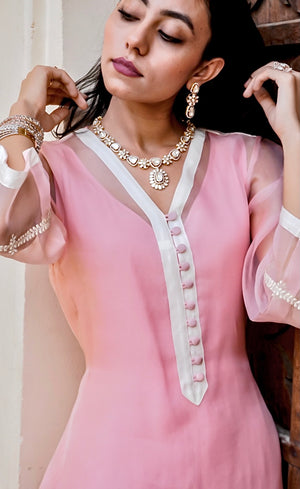 Peach organza jacket with off white buttoned front placket