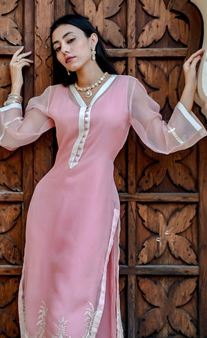 Peach organza jacket with off white buttoned front placket