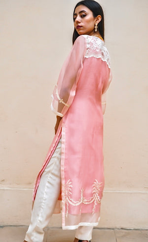 Peach organza jacket with off white buttoned front placket