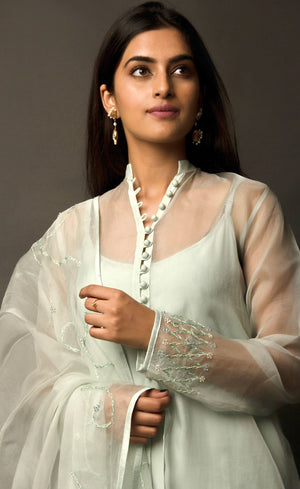 The muse here is wearing a pista green silk organza suit set intricately embroidered with our signature thread-work. The look comprises of sheer silk organza kurta having a detailed buttoned neckline with bead-work embroidery on the sleeves and back terrace, further lined with a cupro crepe slip. It is paired with an organza dupatta embroidered along the length and is further finished with raw silk and crepe pants.