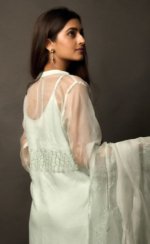 The muse here is wearing a pista green silk organza suit set intricately embroidered with our signature thread-work. The look comprises of sheer silk organza kurta having a detailed buttoned neckline with bead-work embroidery on the sleeves and back terrace, further lined with a cupro crepe slip. It is paired with an organza dupatta embroidered along the length and is further finished with raw silk and crepe pants.