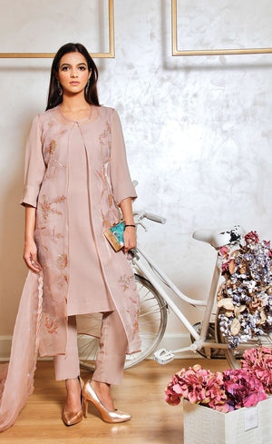 Handcrafted powder rose pink embellished jacket with knee length top with signature crepe buttoned trousers. 
