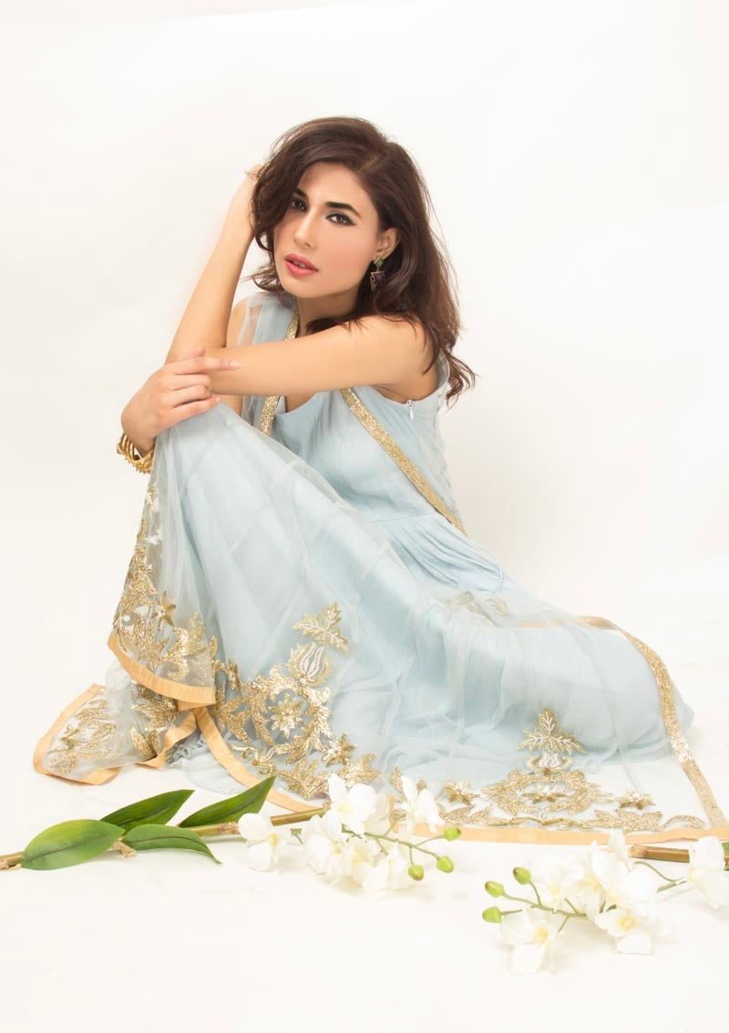 Powder blue anarkali indian dress with goldwork hand embroidery 