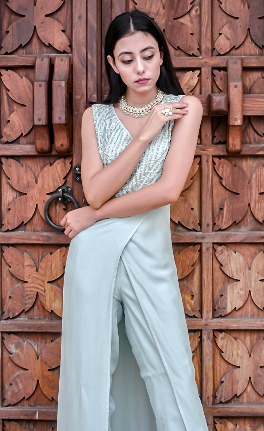 aqua blue embroidered side slit dress with pants