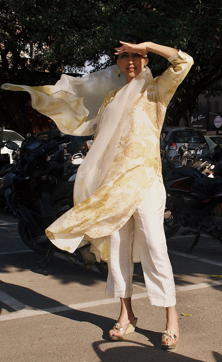 eco printed lemon and white Indian suit set 