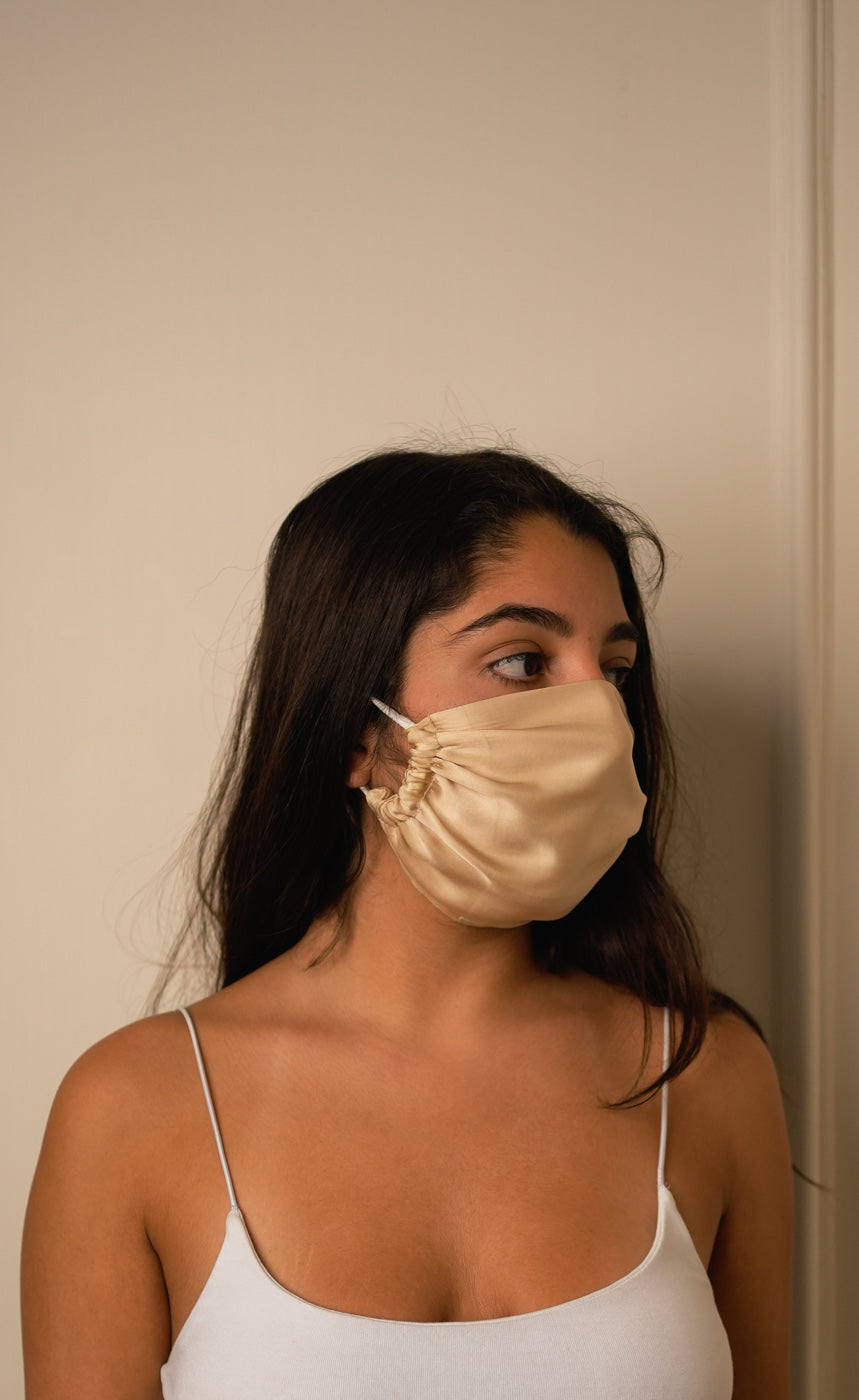 Satin Face Mask & Scrunchie Set - Beige