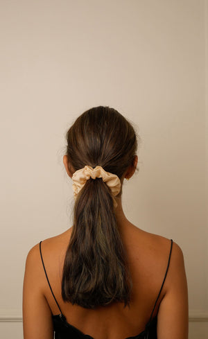 Person with a ponytail wearing a beige scrunchie against a plain background
