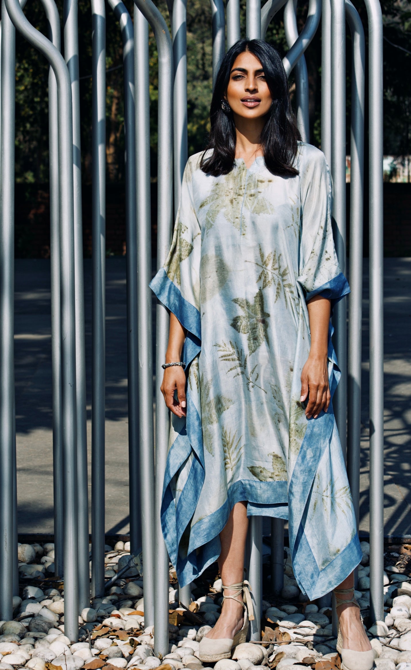 Blue Bordered Eco-Printed Silk Kaftan