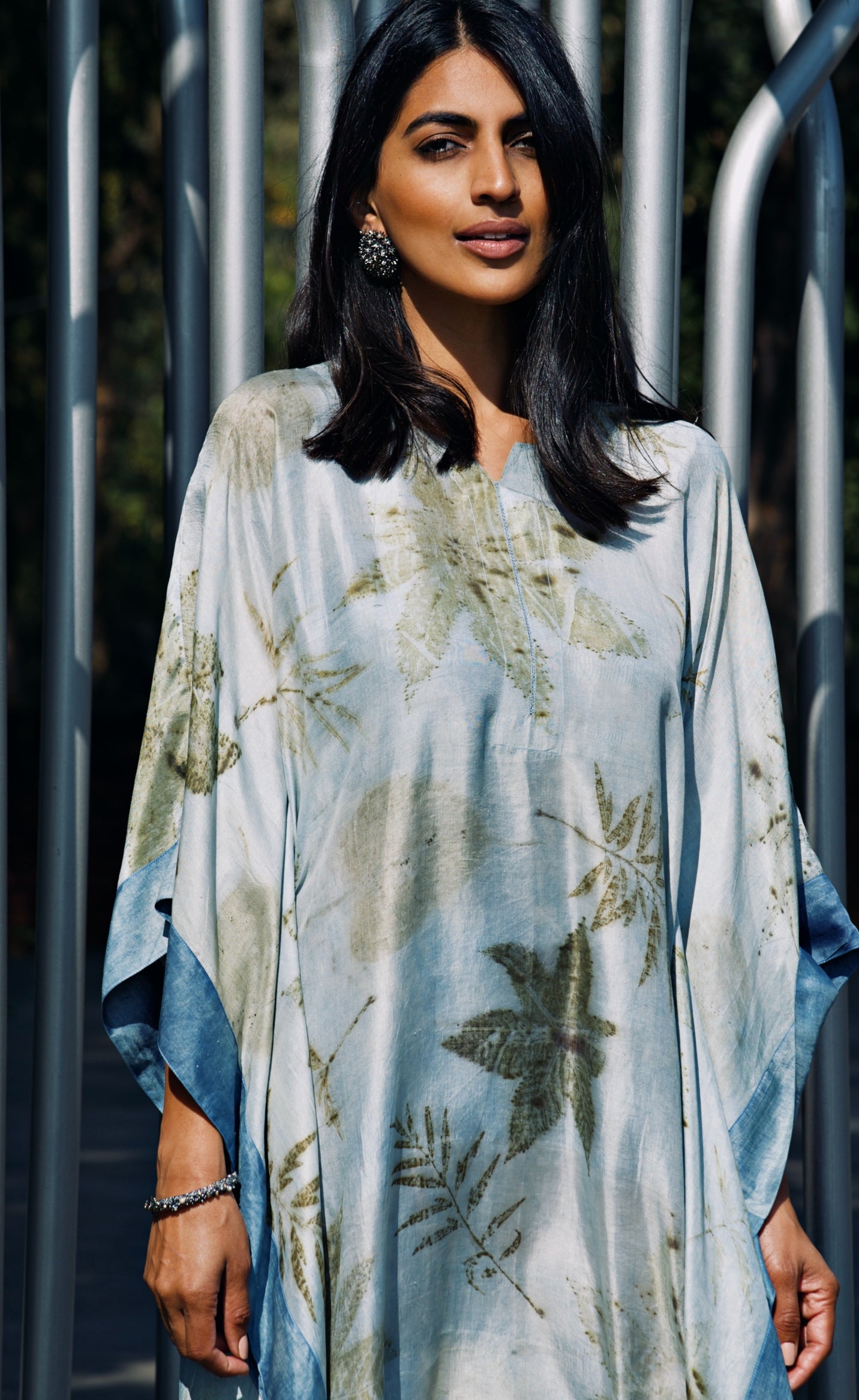 Blue Bordered Eco-Printed Silk Kaftan