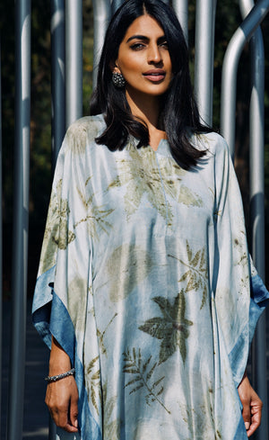 Blue Bordered Eco-Printed Silk Kaftan