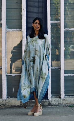 Blue Bordered Eco-Printed Silk Kaftan