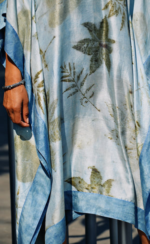 Blue Bordered Eco-Printed Silk Kaftan