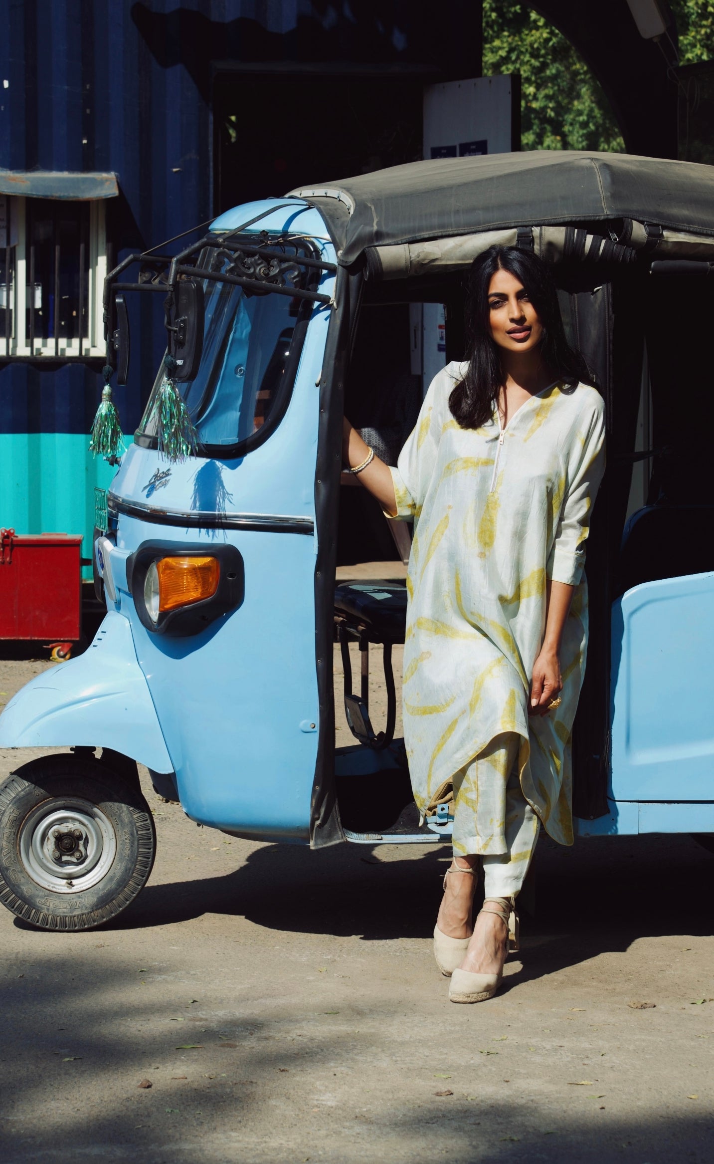 Blue V-Neck Eco-Printed Silk Zipper Set