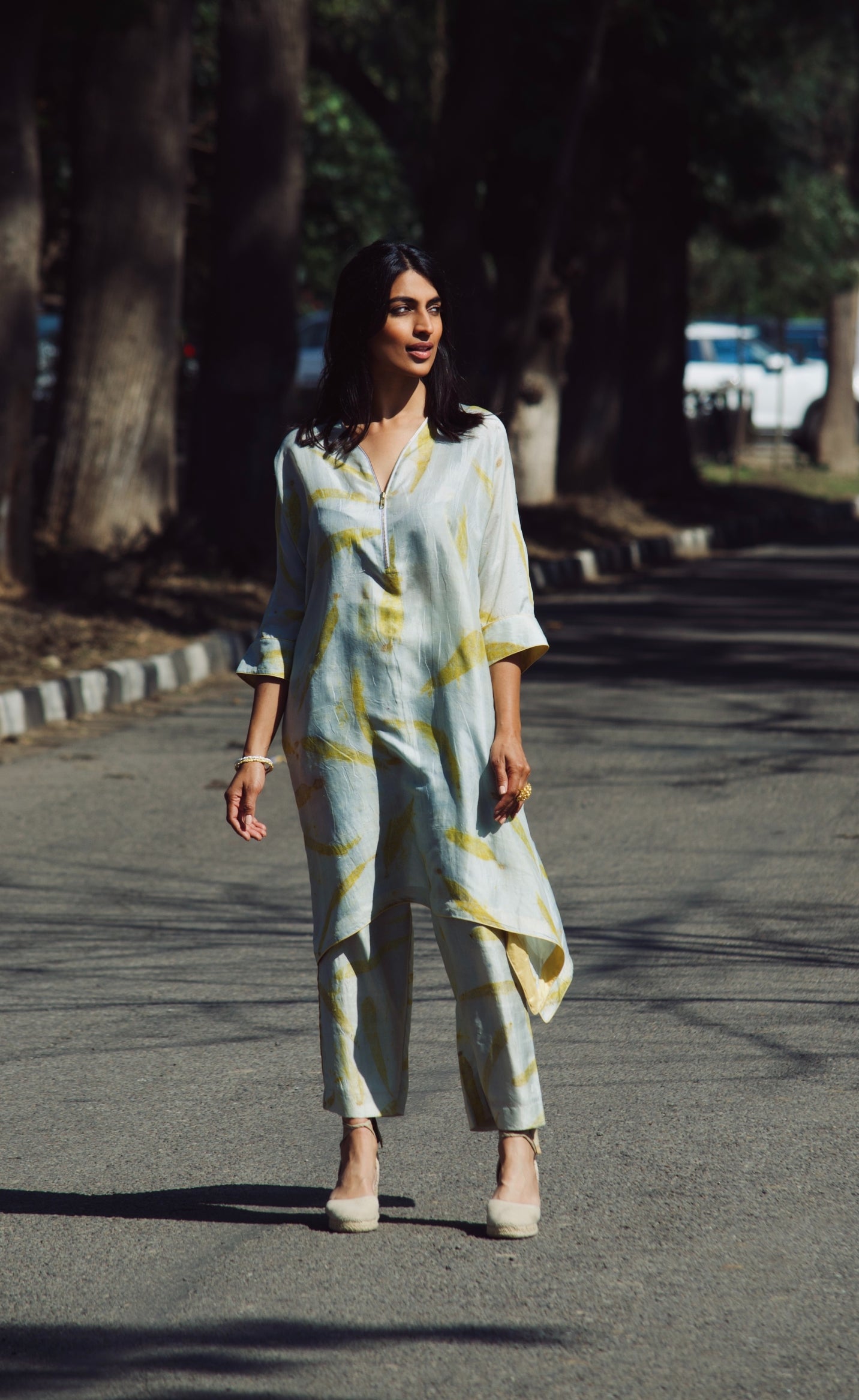 Blue V-Neck Eco-Printed Silk Zipper Set