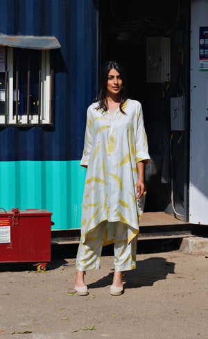 Blue V-Neck Eco-Printed Silk Zipper Set
