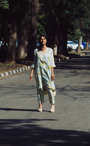 Blue V-Neck Eco-Printed Silk Zipper Set