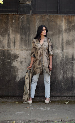 Dark Brown Eco Printed Mulberry Silk Scarf