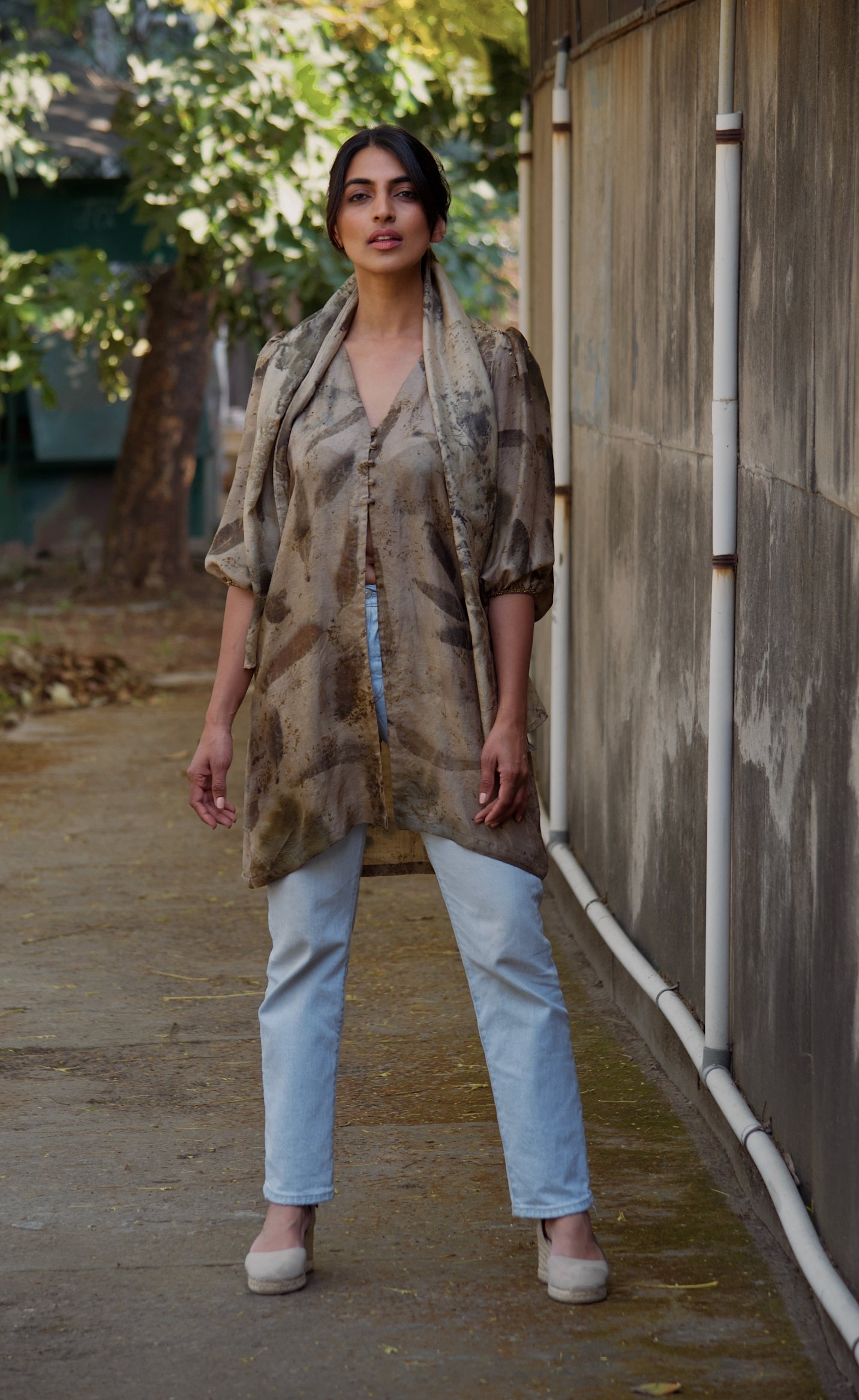 Dark Brown Eco Printed Mulberry Silk Scarf