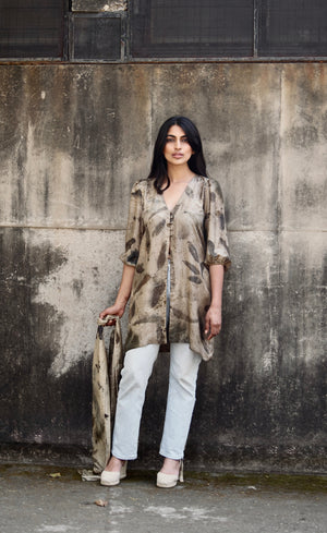 Dark Brown Eco Printed Mulberry Silk Scarf