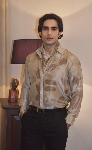 Dark Brown Eco-Printed Dupion Silk Unisex Shirt