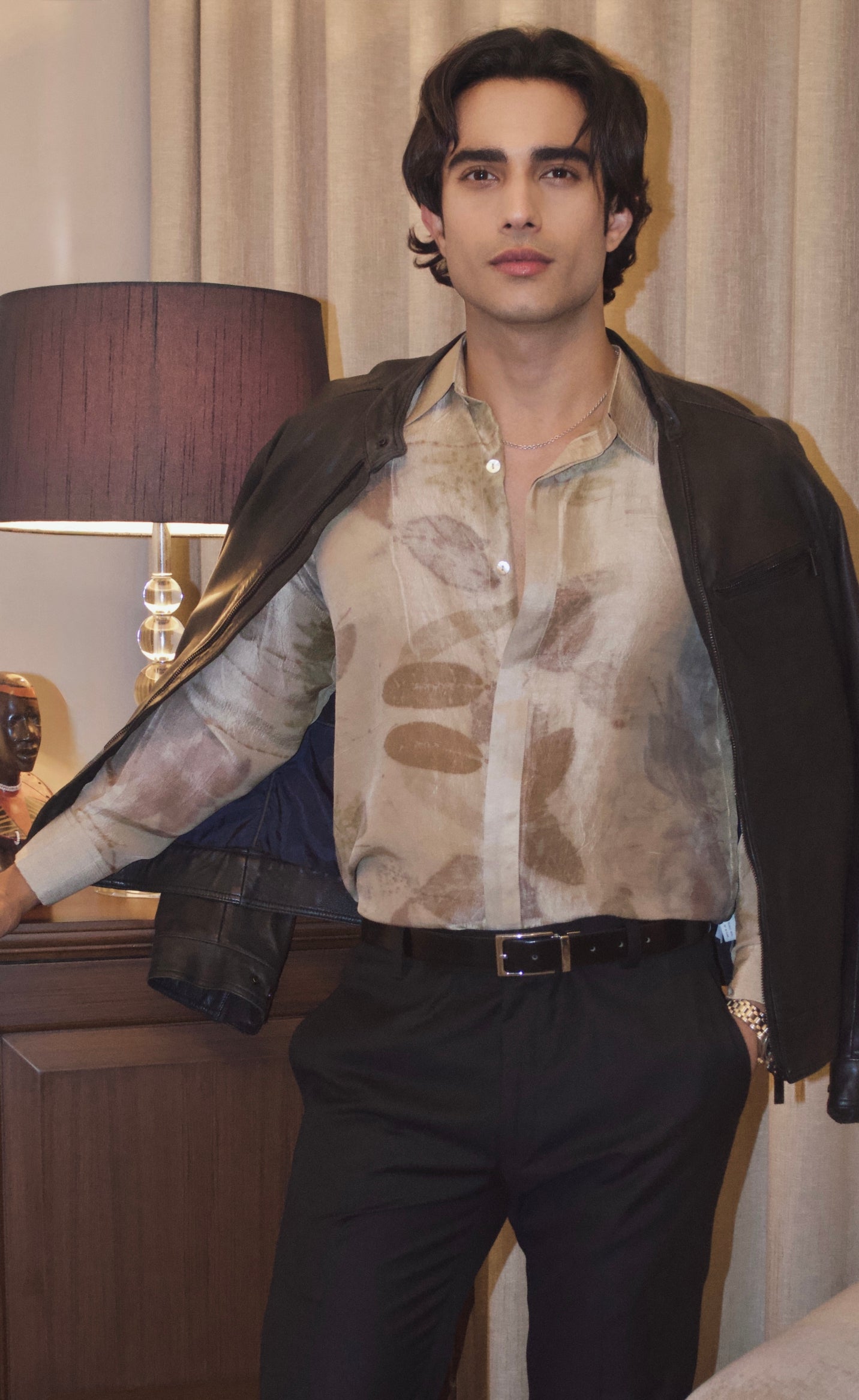Dark Brown Eco-Printed Dupion Silk Unisex Shirt