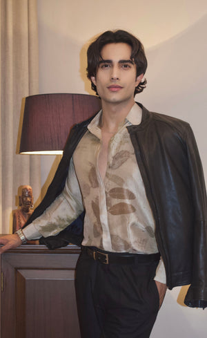Dark Brown Eco-Printed Dupion Silk Unisex Shirt