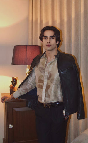 Dark Brown Eco-Printed Dupion Silk Unisex Shirt