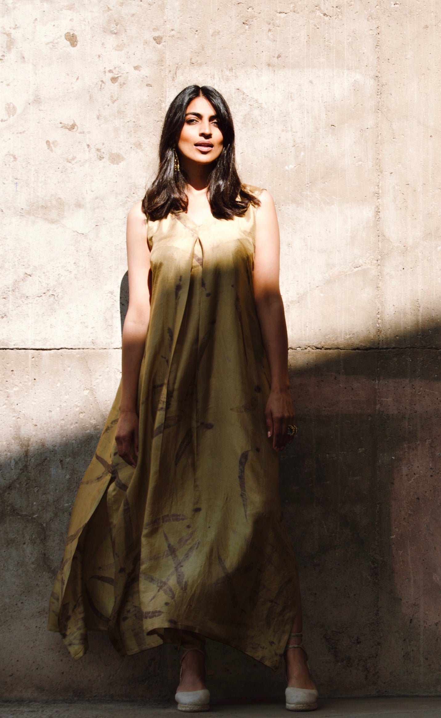 Gold Eco-Printed Silk Sleeveless Kaftan