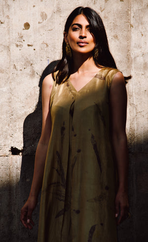 Gold Eco-Printed Silk Sleeveless Kaftan
