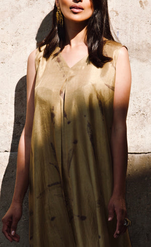 Gold Eco-Printed Silk Sleeveless Kaftan