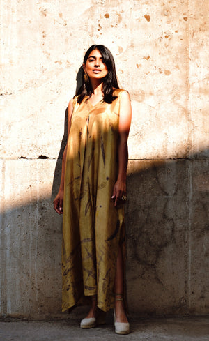 Gold Eco-Printed Silk Sleeveless Kaftan
