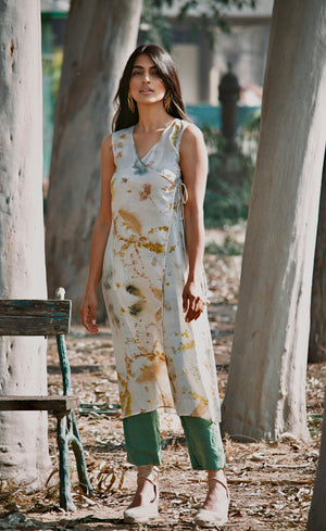 Floral Eco-Printed Angrakha with Green Pants