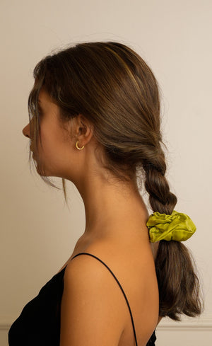 Woman with braided hair tied with a green scrunchie against a neutral background