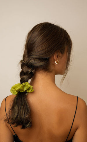 Woman with braided hair and green scrunchie on beige background