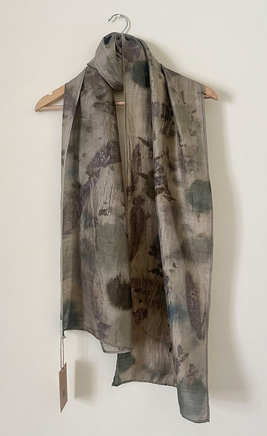 Henna eucalyptus eco printed mulberry silk scarf handmade Chandigarh India