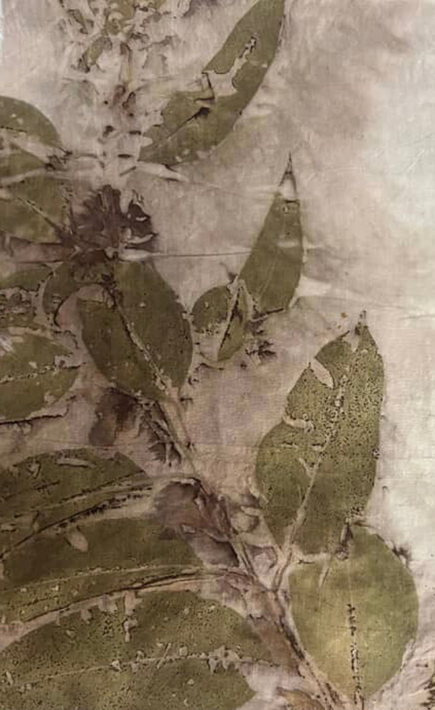 Earthy henna-dyed mulberry silk with botanical leaf eco-printed motifs, Chandigarh, India