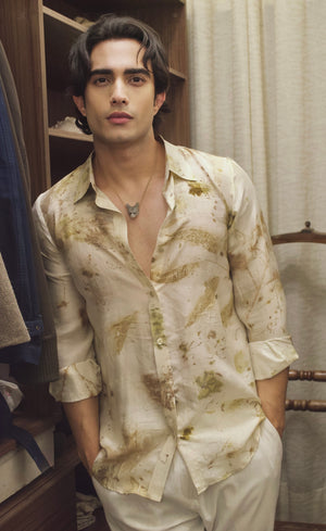 Ivory Floral Eco-Printed Dupion Silk Unisex Shirt