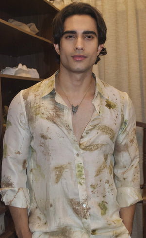 Ivory Floral Eco-Printed Dupion Silk Unisex Shirt