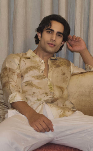 Ivory Floral Eco-Printed Dupion Silk Unisex Shirt