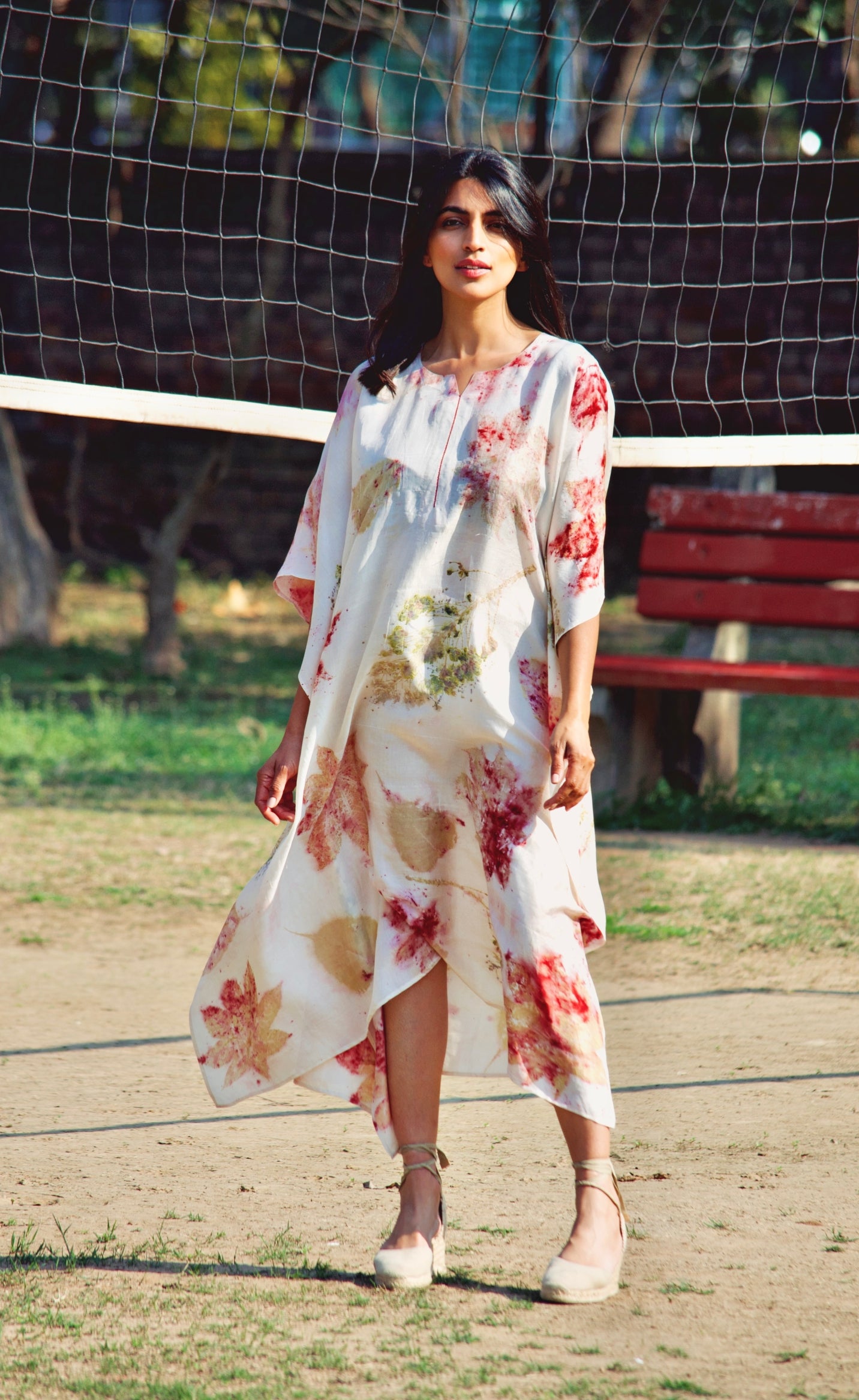 Ivory Pink Eco-Printed Mesh Neck Silk Kaftan