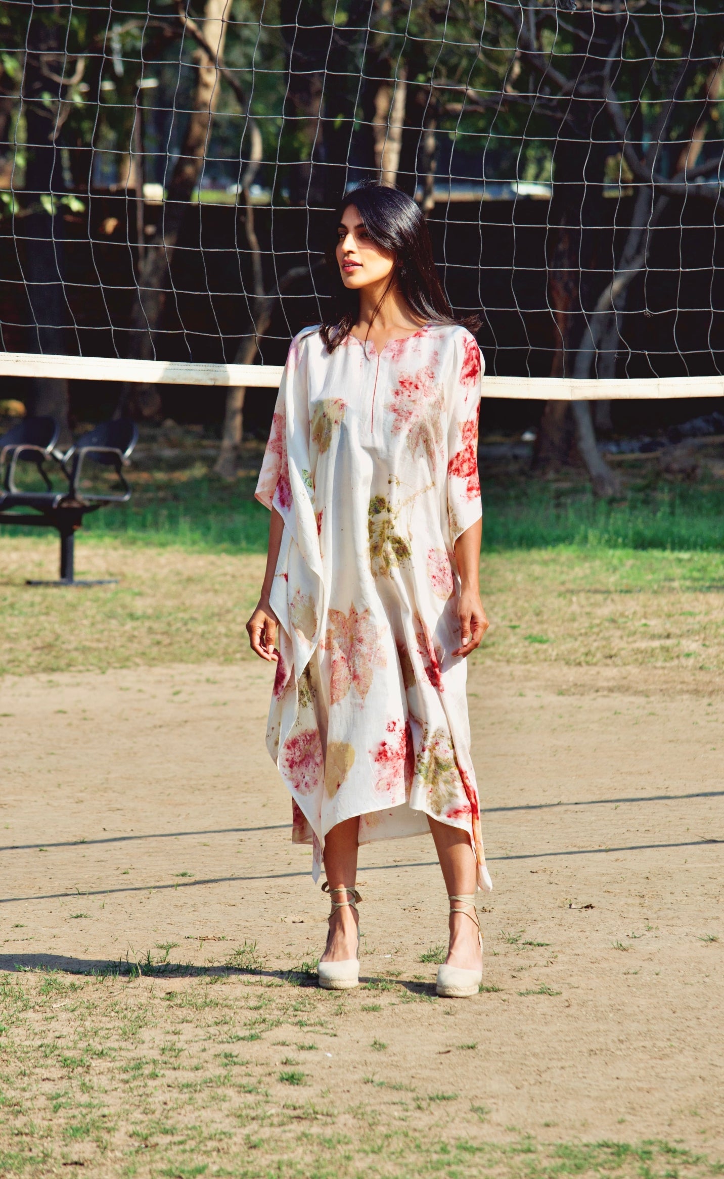 Ivory Pink Eco-Printed Mesh Neck Silk Kaftan